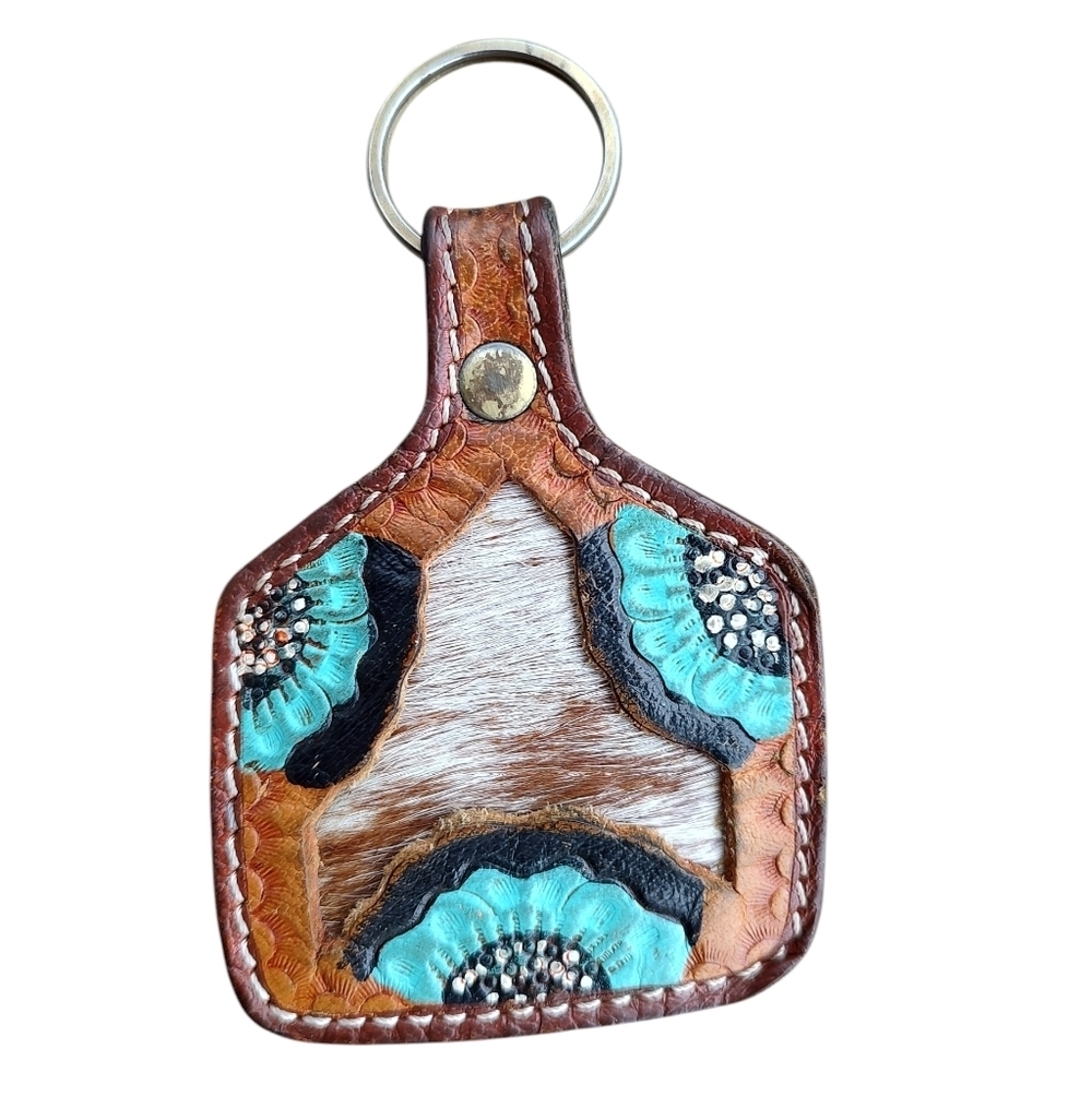 Myra Bag Brown and Turquoise Leather Keychain
